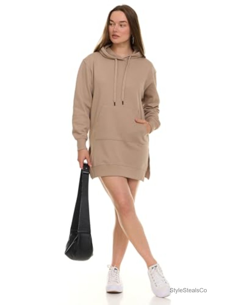 Oversized Fleece Hoodie Dress Long Split Hem Pockets Women